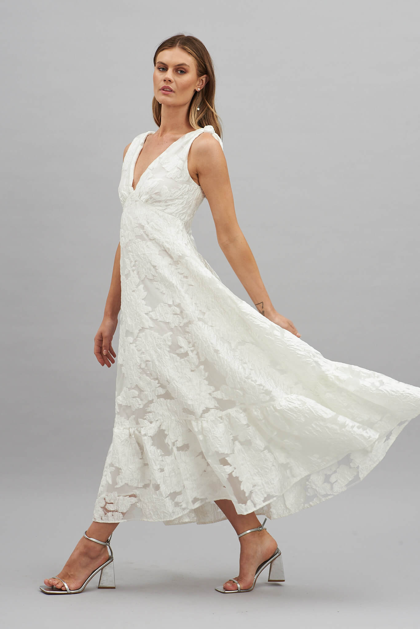 Deluxe Maxi Dress In White Floral Organza Burnout - side