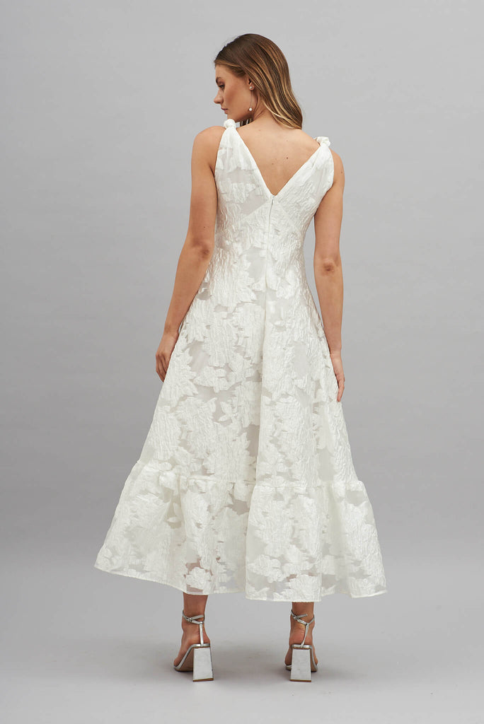 Deluxe Maxi Dress In White Floral Organza Burnout - back