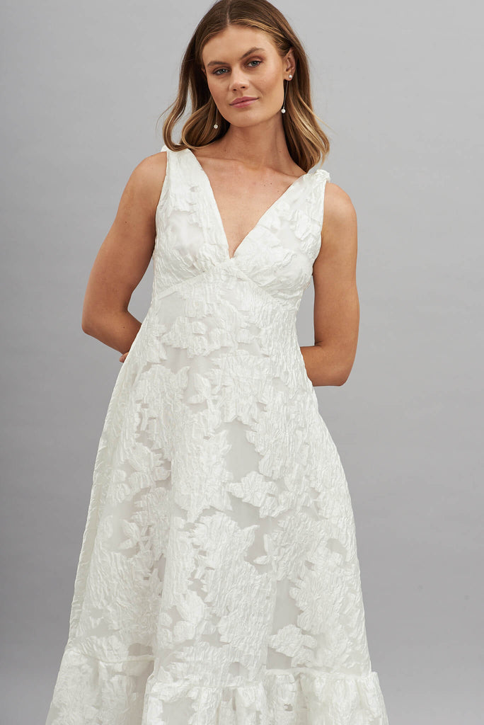 Deluxe Maxi Dress In White Floral Organza Burnout - front