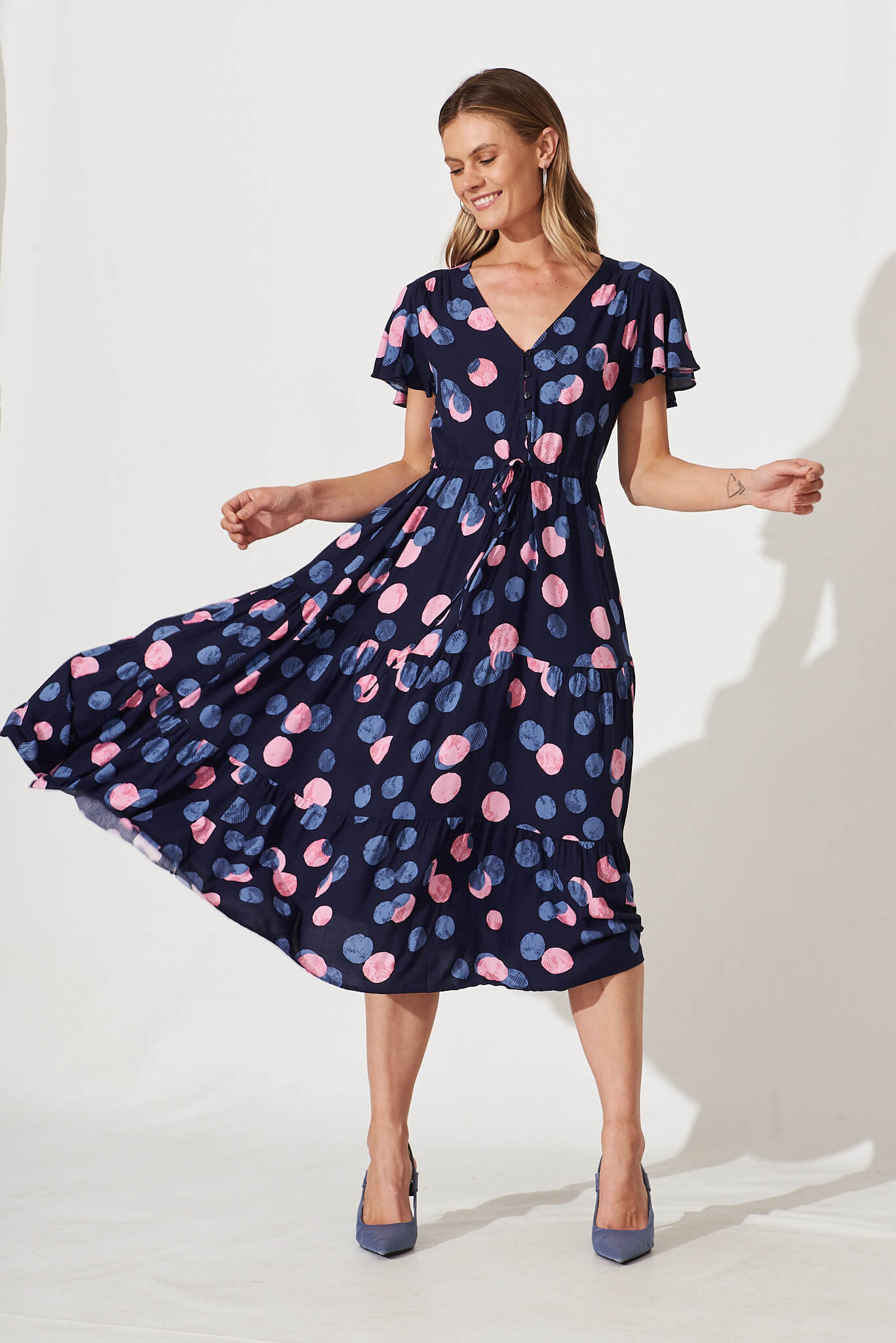 Saturday Midi Dress In Navy With Pink And Blue Spot St Frock Saturday Midi Dress In Navy With Pink And Blue Spot St Frock