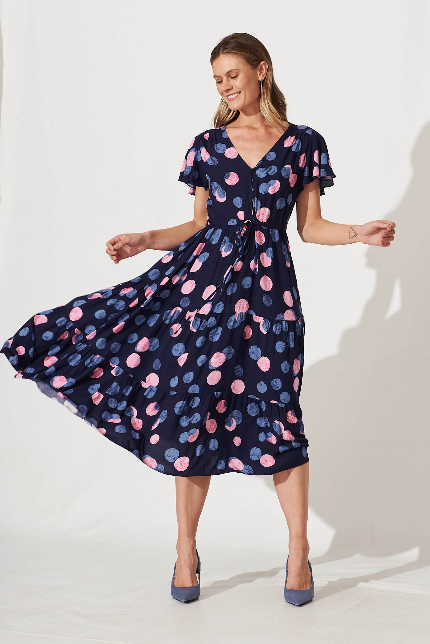 Saturday Maxi Dress In Navy With Pink And Blue Spot - full length