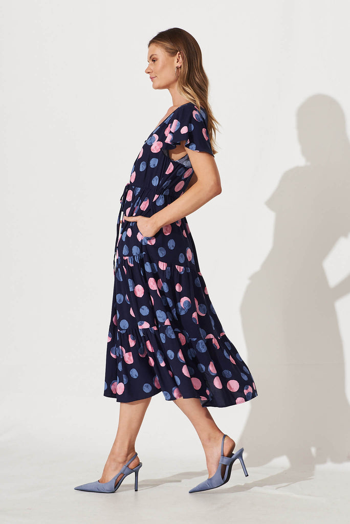 Saturday Maxi Dress In Navy With Pink And Blue Spot - side
