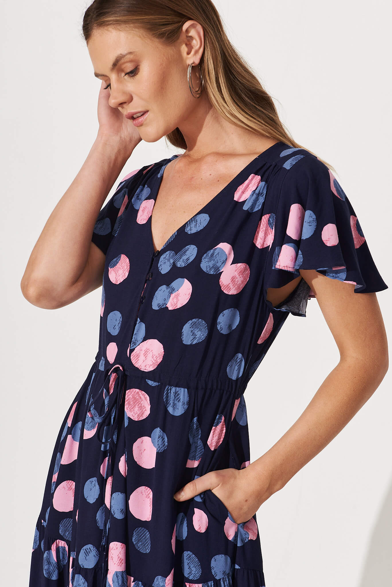 Saturday Midi Dress In Navy With Pink And Blue Spot St Frock Saturday Midi Dress In Navy With Pink And Blue Spot St Frock