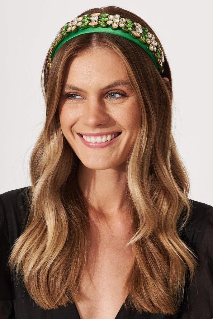August + Delilah Eloise Headband In Green Diamante - front