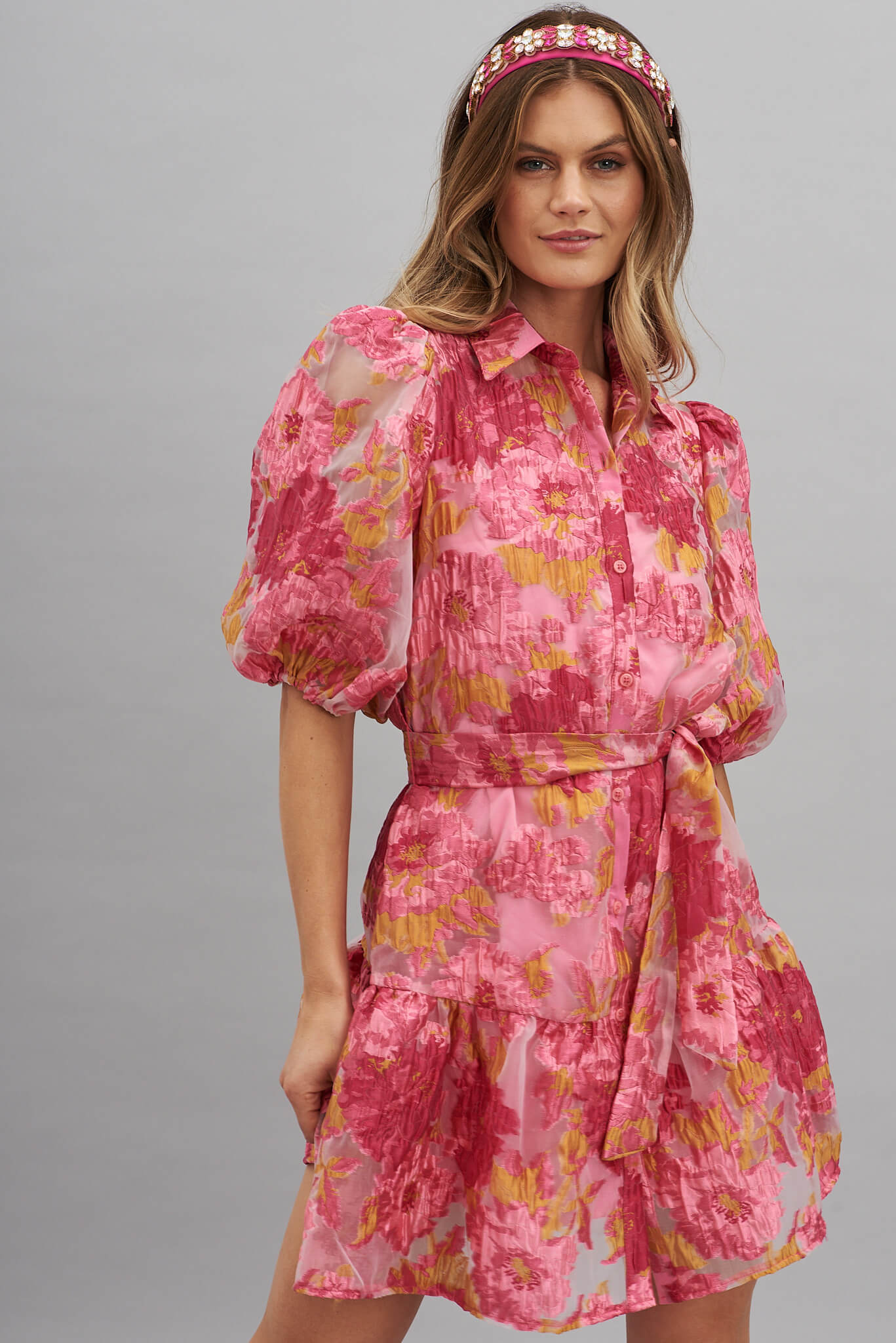 Fione Shirt Dress In Pink Floral Organza Burnout – St Frock