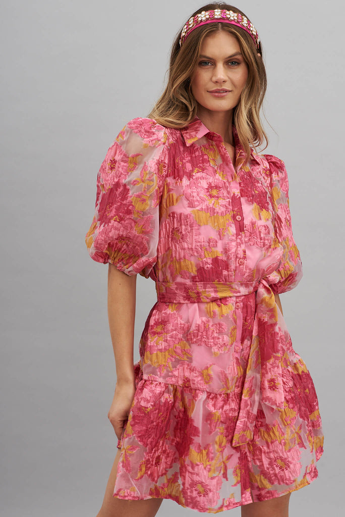 Fione Shirt Dress In Pink Floral Organza Burnout - front