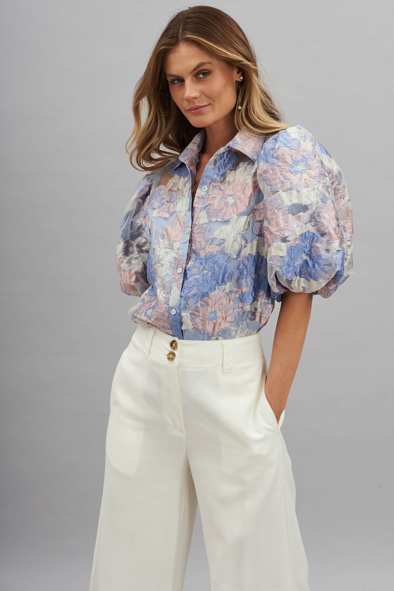 Lavish Shirt In Silver With Pink And Lilac Organza Floral - front