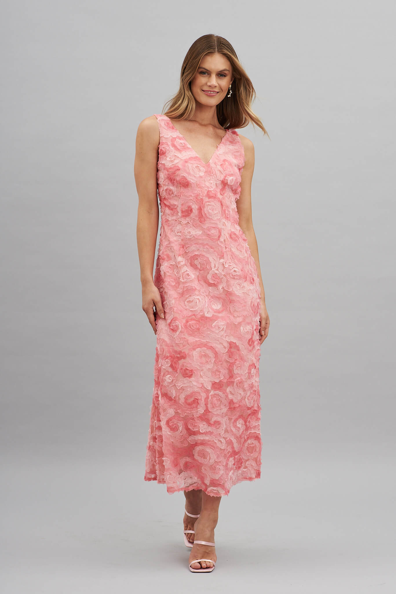 Gracious Midi Dress In Blush Floral Embroidered Tulle - full length