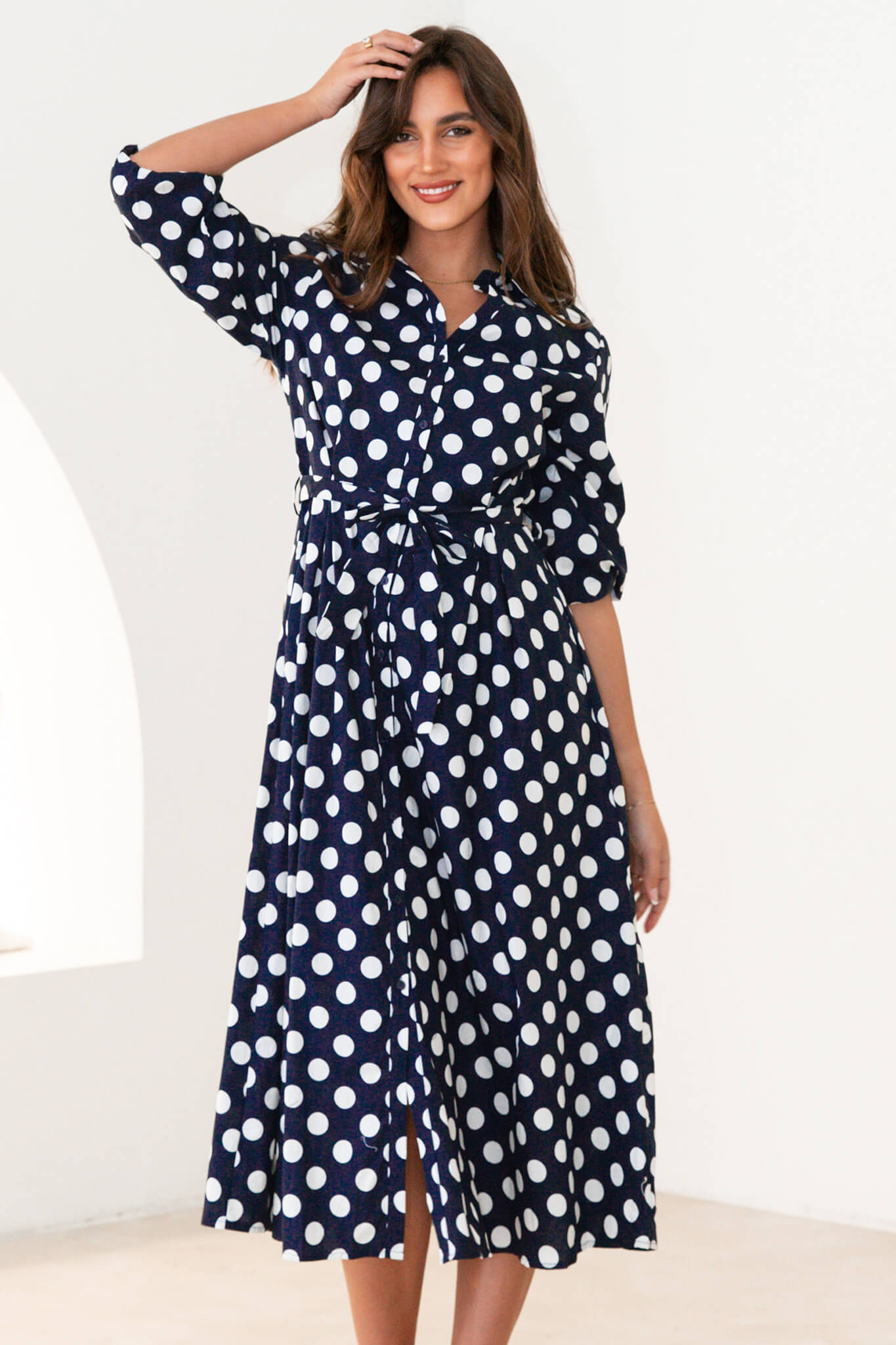 Prita Midi Shirt Dress In Navy And White Polka Dot Cotton St Frock