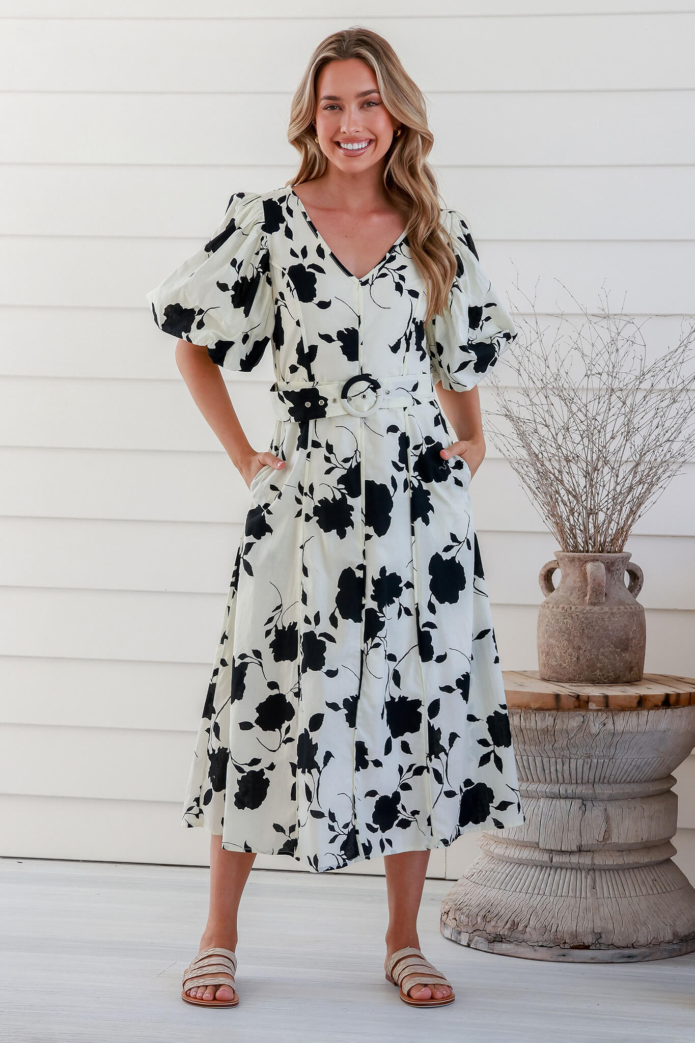 Ferndale Midi Dress In Cream With Black Floral Cotton - full length