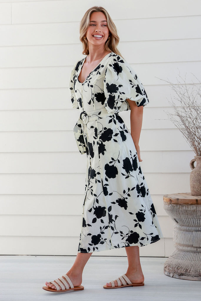 Ferndale Midi Dress In Cream With Black Floral Cotton - side