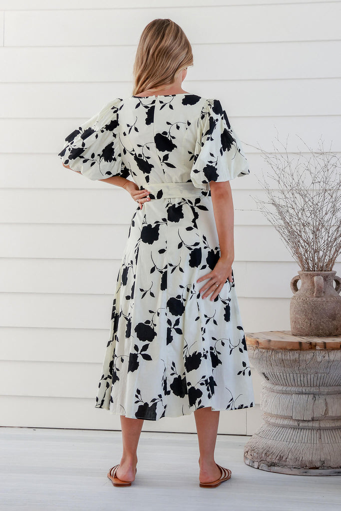Ferndale Midi Dress In Cream With Black Floral Cotton - back