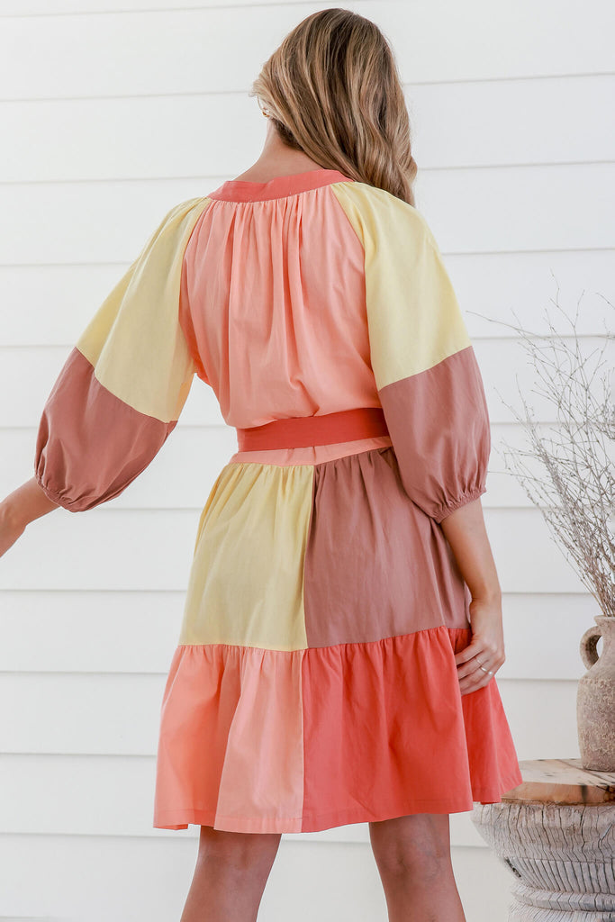 Ryleigh Smock Dress In Multi Rust Colourblock Cotton - back