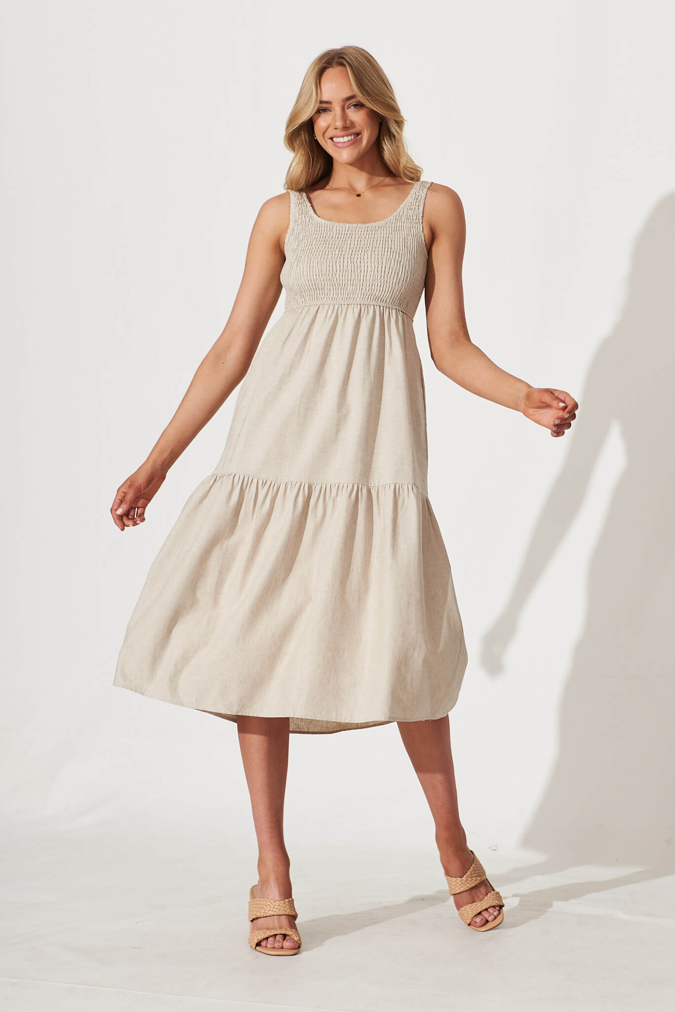 Caribbean Midi Dress In Oatmeal Cotton Linen - full length