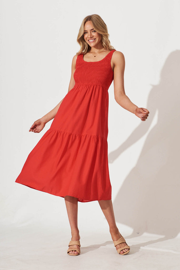 Caribbean Midi Dress In Red Cotton Linen - full length