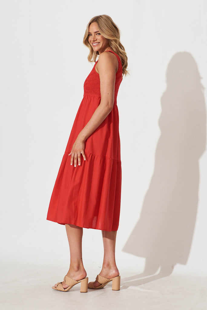 Caribbean Midi Dress In Red Cotton Linen - side