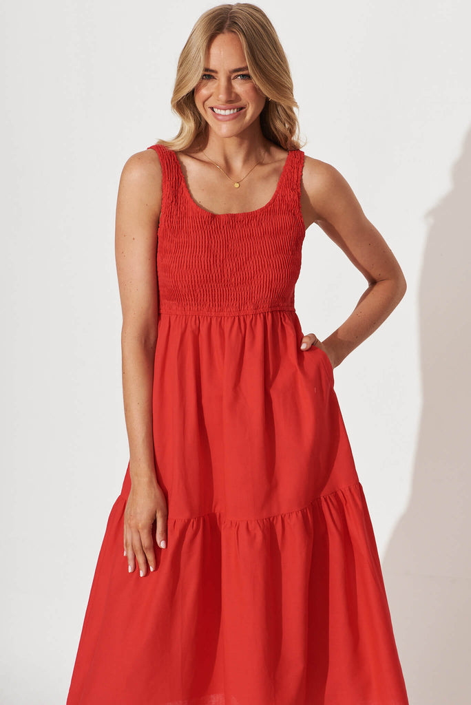Caribbean Midi Dress In Red Cotton Linen - front
