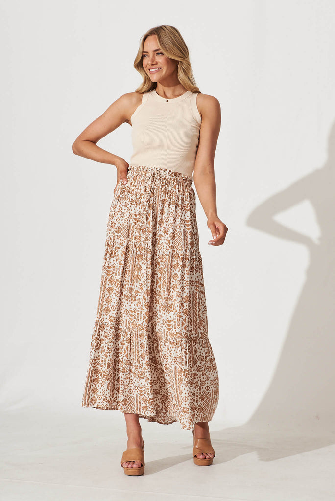 Au Revoir Maxi Skirt In Cream And Brown Print - full length