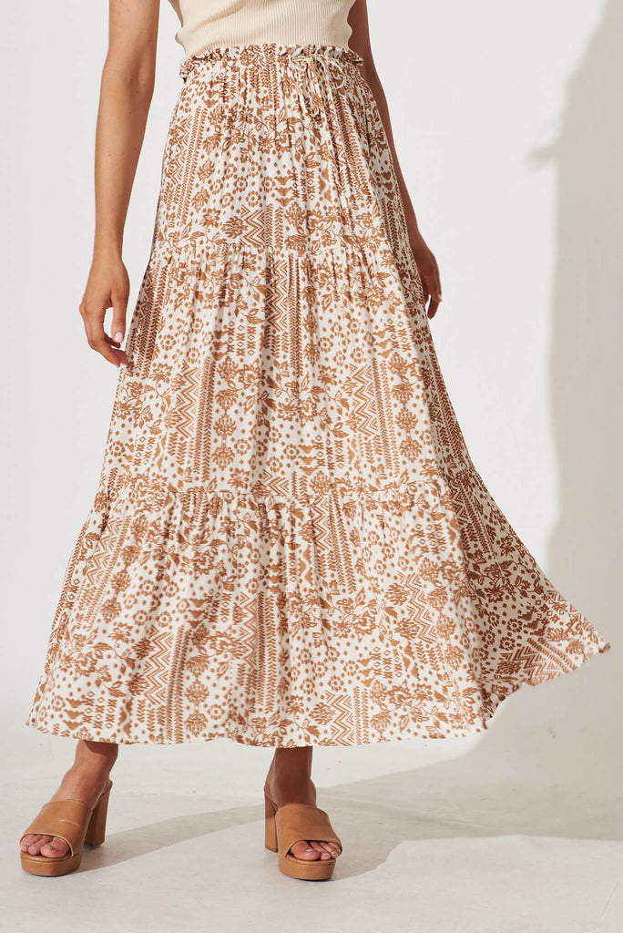 Au Revoir Maxi Skirt In Cream And Brown Print - front