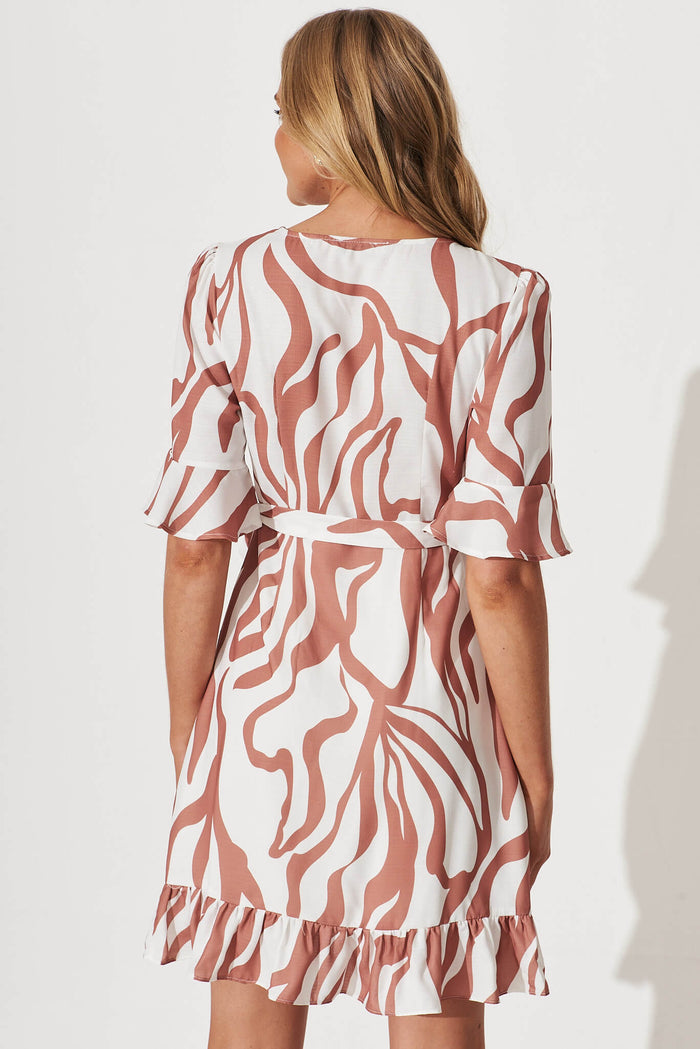 Karina Wrap Dress In White With Tan Swirl Print Linen Blend - back