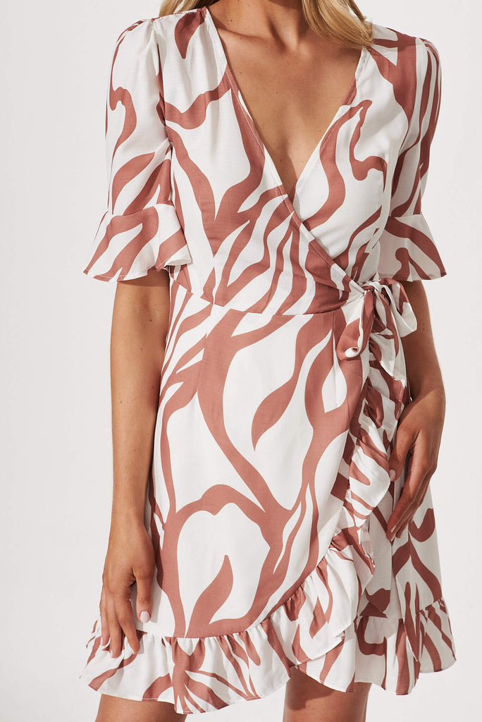 Karina Wrap Dress In White With Tan Swirl Print Linen Blend - detail