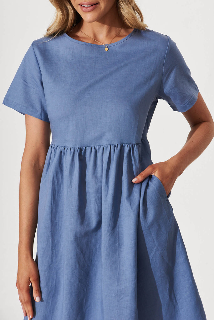 Seaside Midi Smock Dress In Blue Linen Cotton - detail