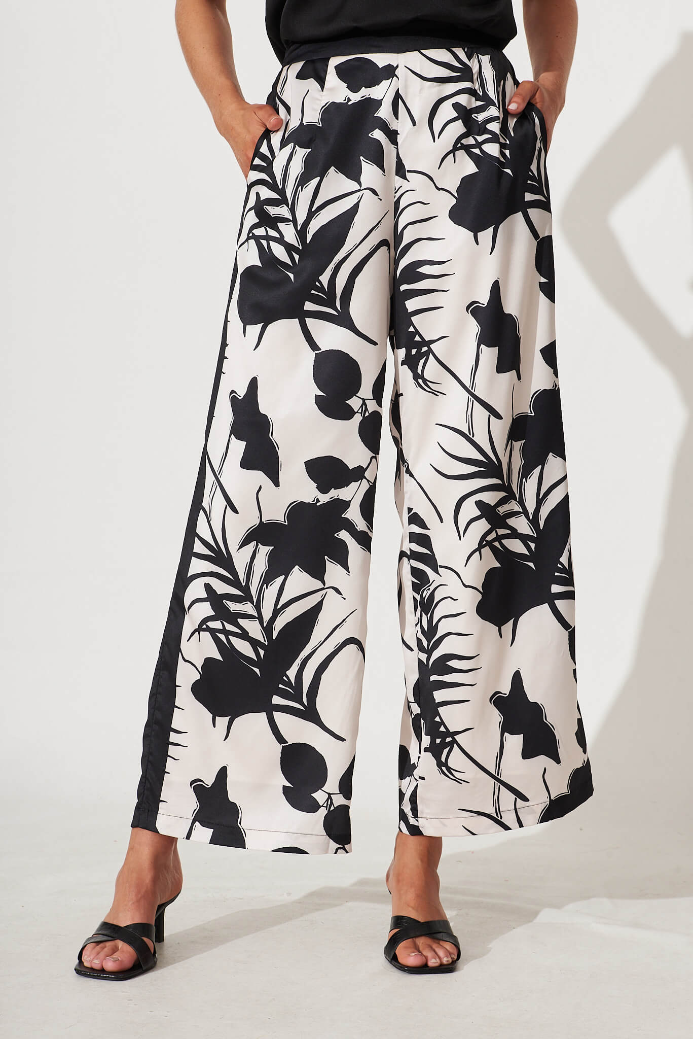 Jenson Pant In Black And White Leaf Print Satin - front