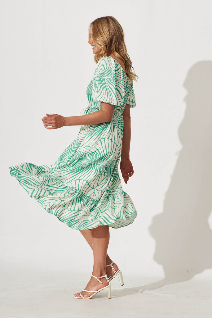 Daylin Midi Dress In Cream With Green Palm Print Cotton Blend - side