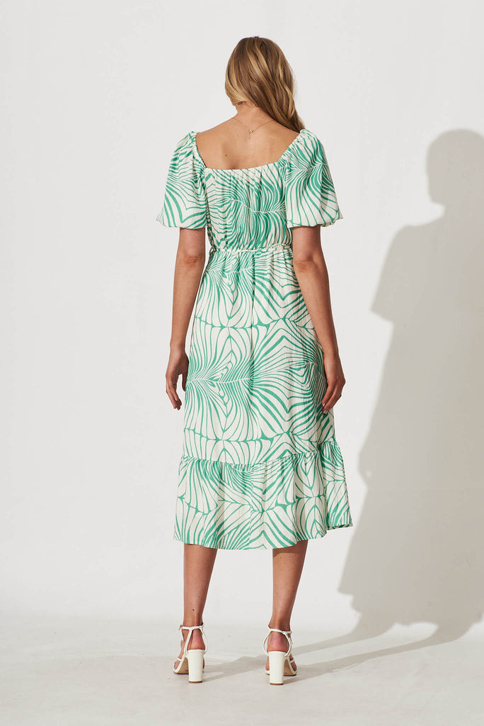 Daylin Midi Dress In Cream With Green Palm Print Cotton Blend - back