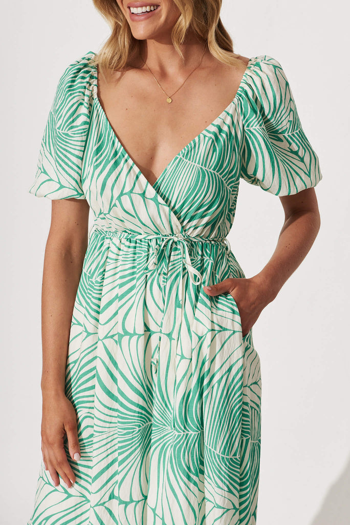 Daylin Midi Dress In Cream With Green Palm Print Cotton Blend - detail