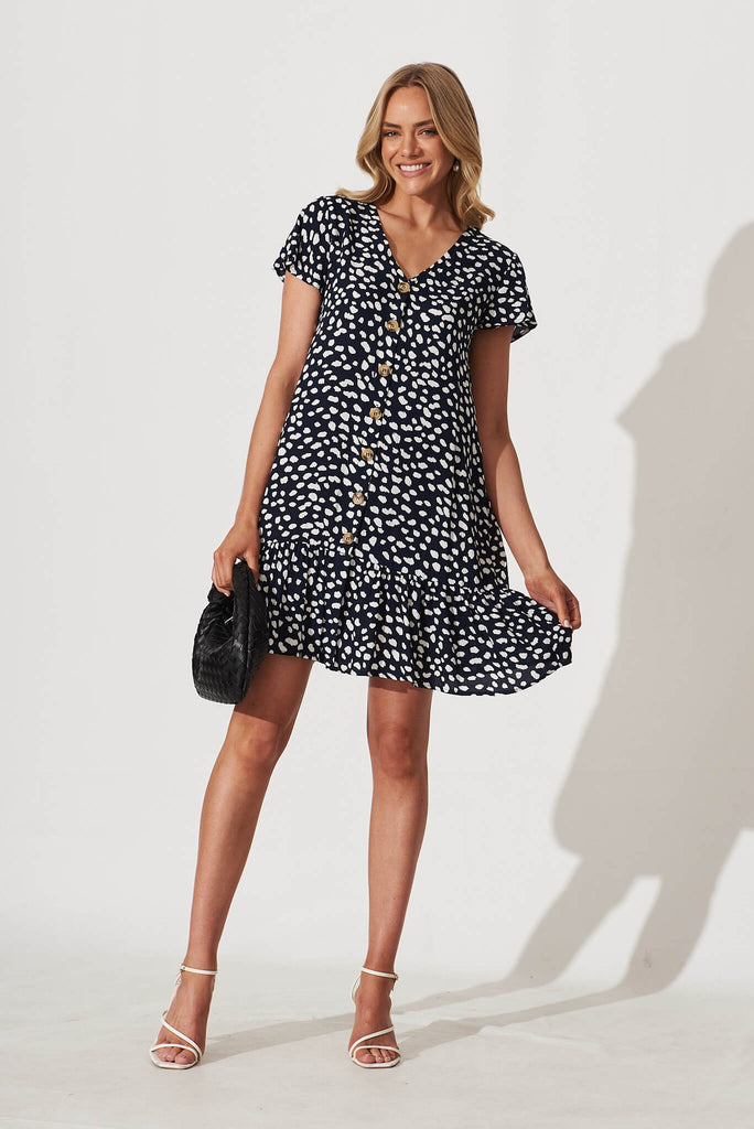 Gina Dress In Navy With White Speckle - full length