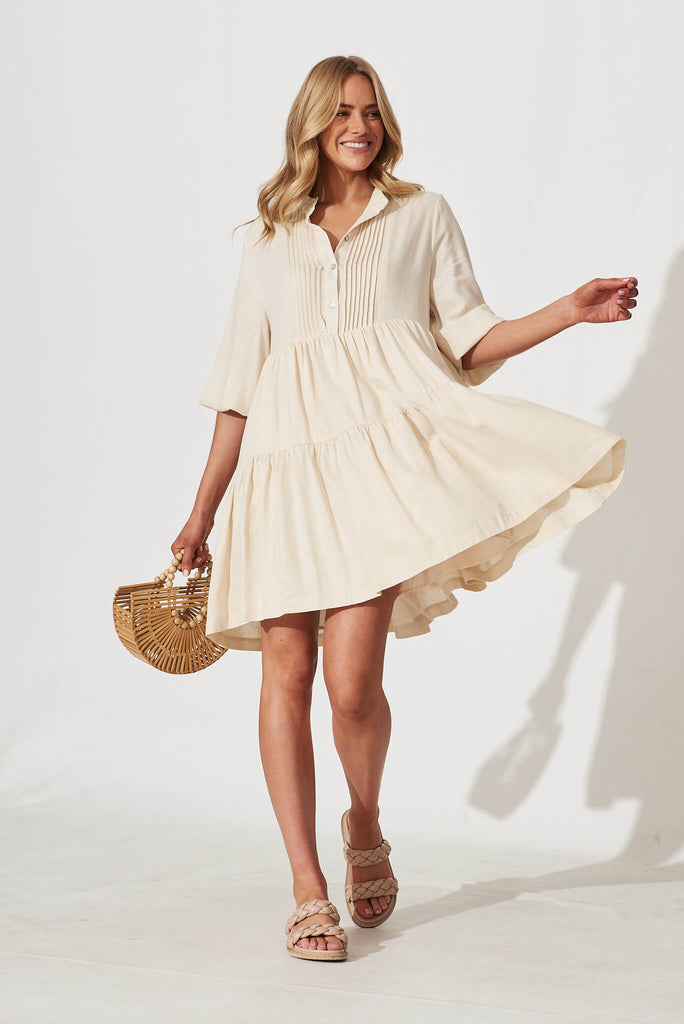 Caracelle Smock Dress In Cream Linen Cotton Blend - full length