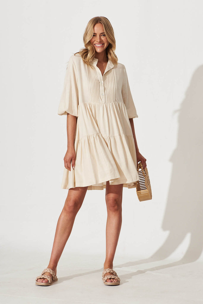 Caracelle Smock Dress In Cream Linen Cotton Blend - full length