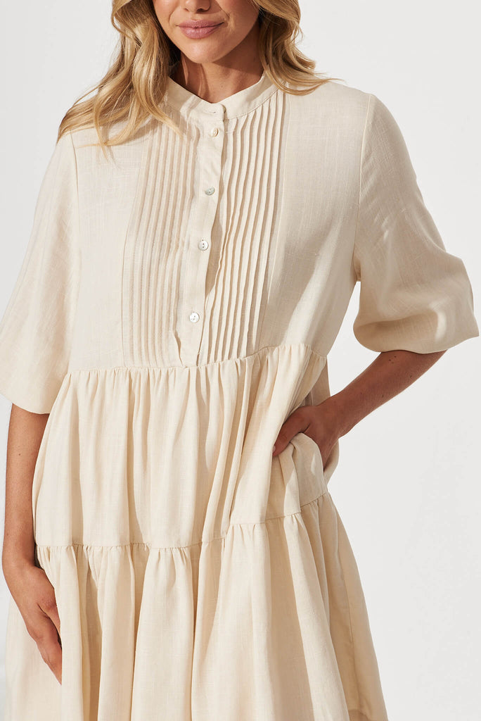 Caracelle Smock Dress In Cream Linen Cotton Blend - detail