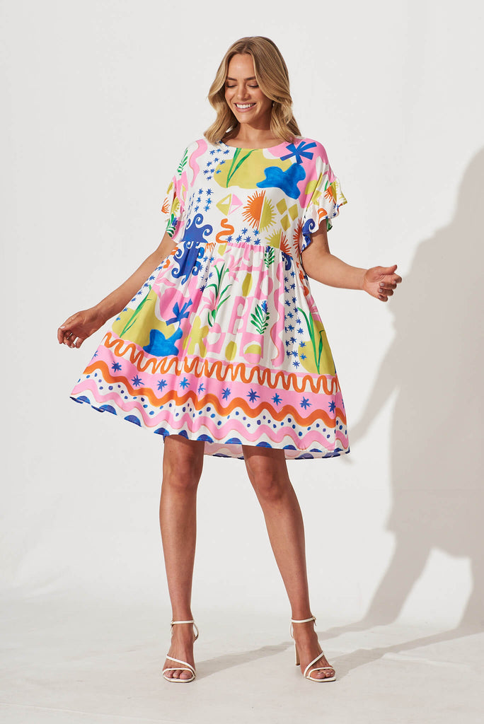 Escape Smock Dress In Bright Multi Print - full length