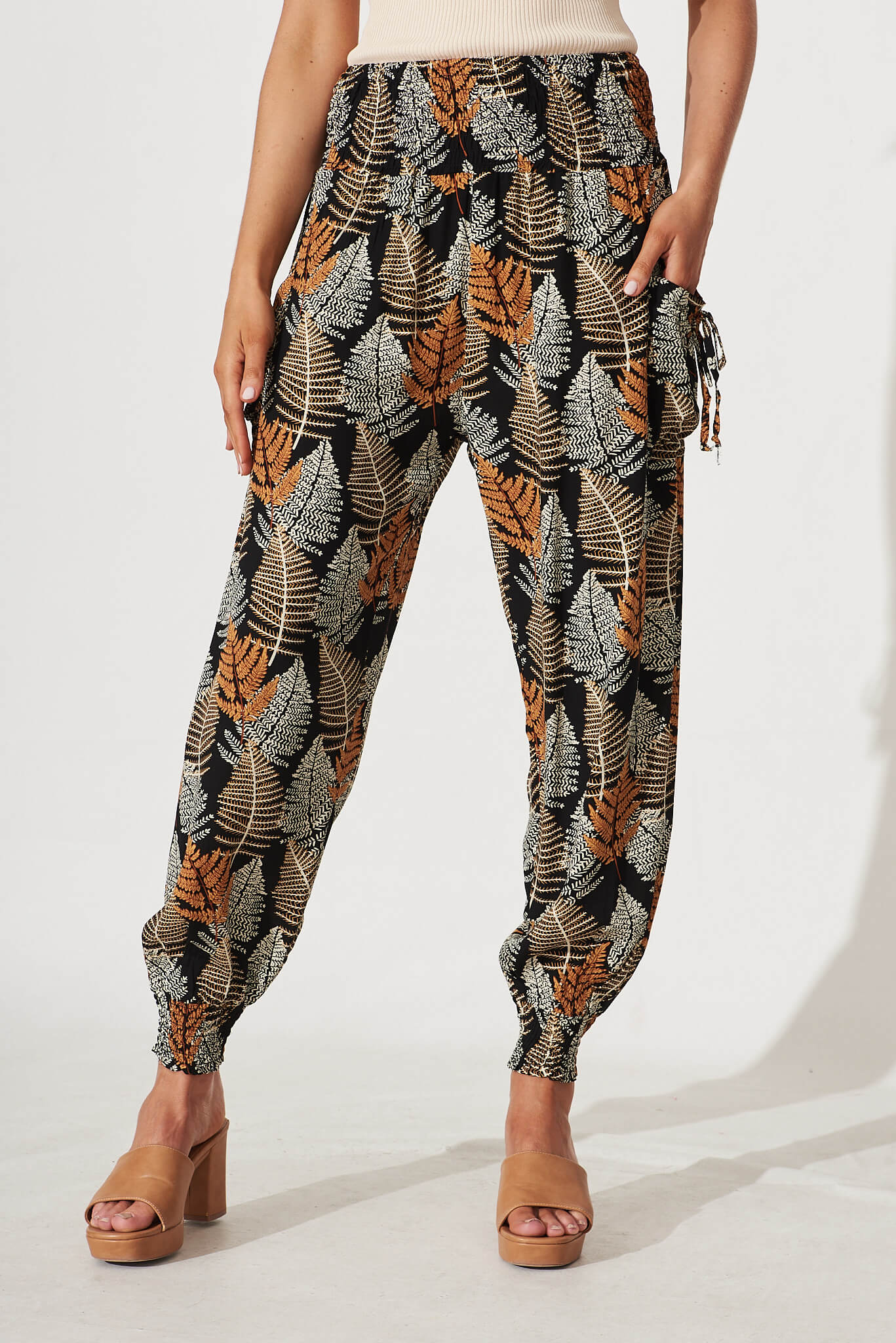 Gabby Pant In Black With Multi Leaf Print - front