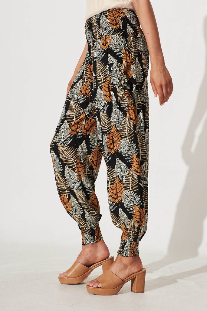 Gabby Pant In Black With Multi Leaf Print - side