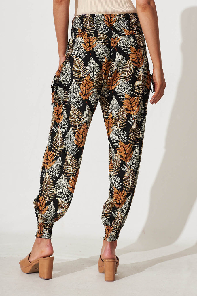 Gabby Pant In Black With Multi Leaf Print - back