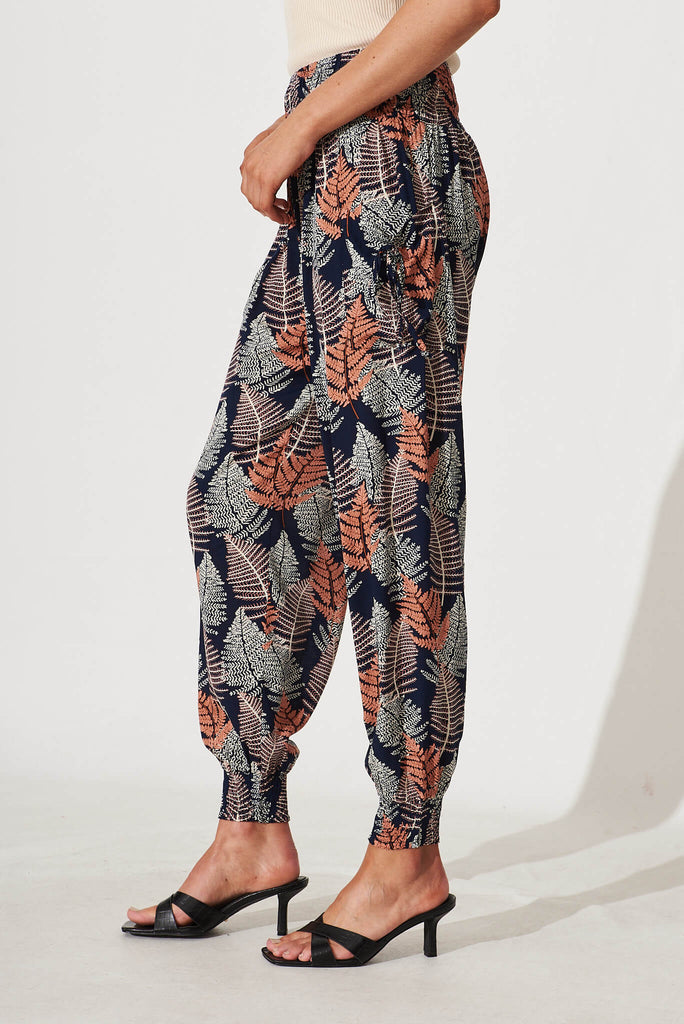 Gabby Pant In Navy With Multi Leaf Print - side