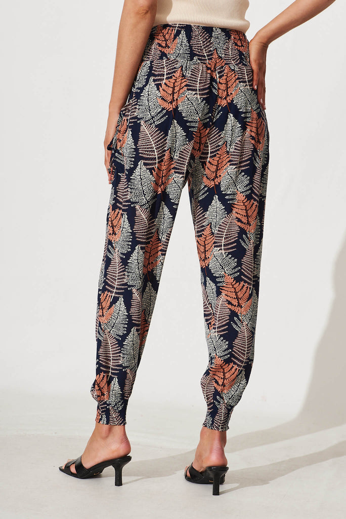 Gabby Pant In Navy With Multi Leaf Print - back