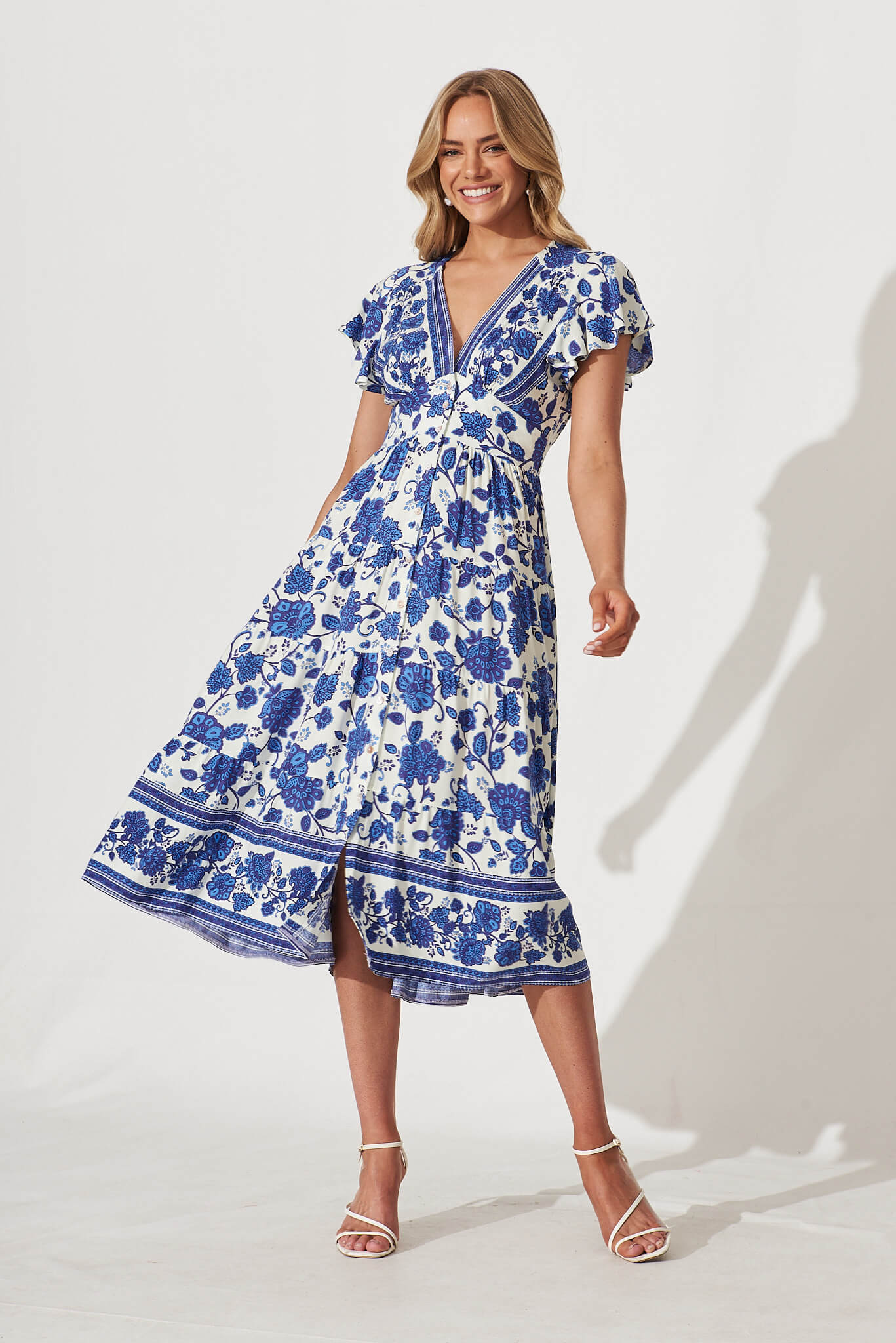 Lively Midi Dress In Cream With Blue Floral Border Print – St Frock