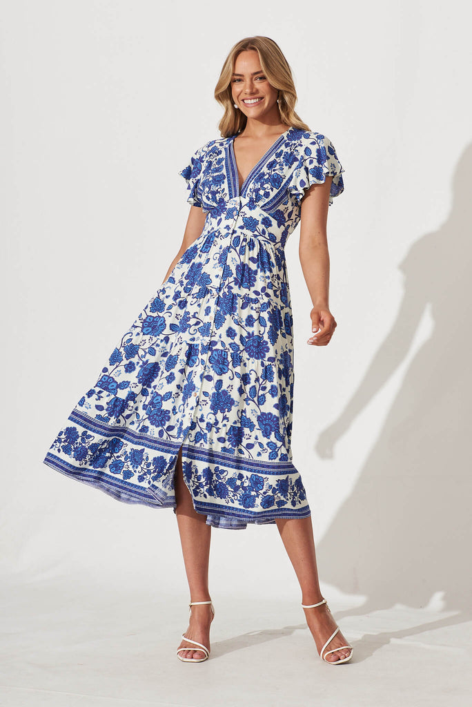 Lively Midi Dress In Cream With Blue Floral Border Print - full length