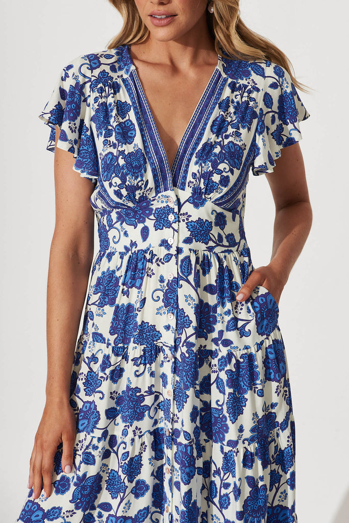 Lively Midi Dress In Cream With Blue Floral Border Print - detail