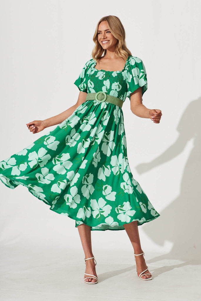 One Fine Day Midi Dress In Green Clover Leaf Print - full length