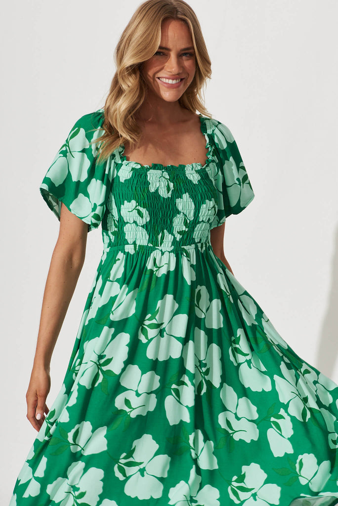 One Fine Day Midi Dress In Green Clover Leaf Print - front