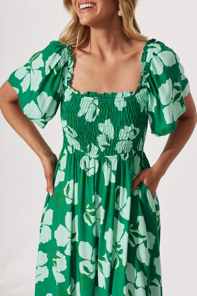 One Fine Day Midi Dress In Green Clover Leaf Print - detail
