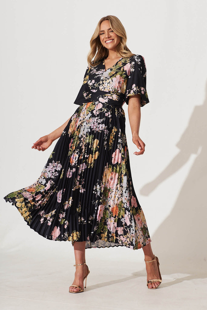 Pavilion Maxi Dress In Black With Pink Floral - full length