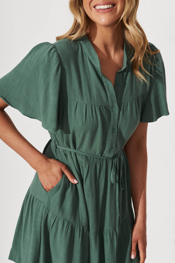 Rosemary Smock Dress In Green Linen - detail