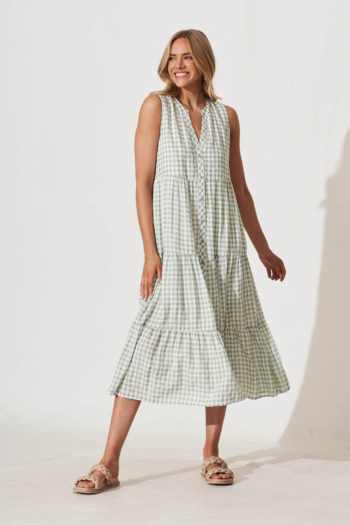 Jolly Midi Smock Dress In Green Gingham Check Cotton Blend - full length
