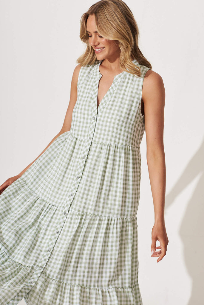 Jolly Midi Smock Dress In Green Gingham Check Cotton Blend - front